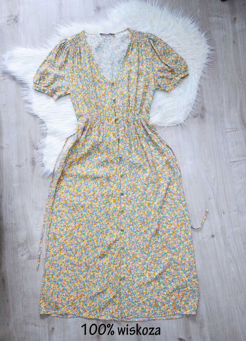 sukienka, rozm S, cottage, cottagecore , kwiaty, taliowana, vintage