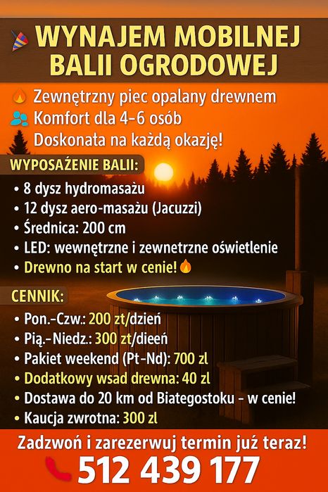 Balia, jakuzzi, wynajem, prywatne spa, świetna impreza lub impreza