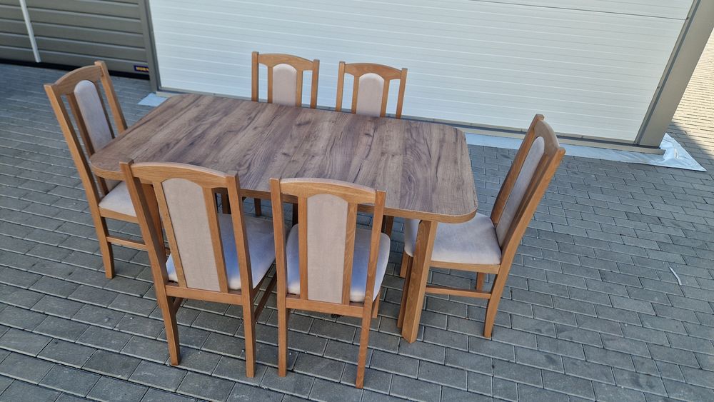Nowe: Stół 80x140/180 + 6 krzeseł, ORZECH JASNY + LATTE, dostawa PL