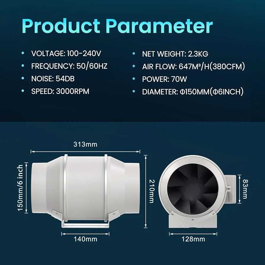 Wentylator kanałowy, regulator mocy HG o zmiennej prędkości, 150 mm
