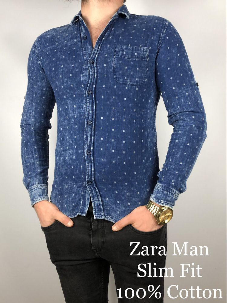 Niebieska bawełniana koszula męska Zara Man Slim Fit letnia z printem