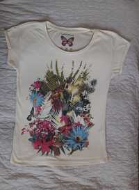 Kremowa koszulka Atmosphere 36 zwierzęta kwiaty pawie pióra  lekka