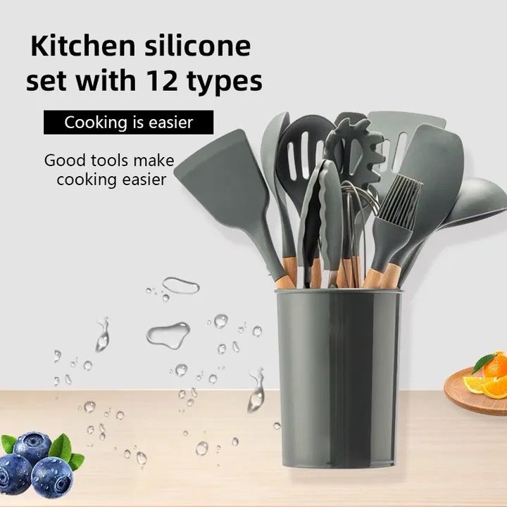 Novo: Conjunto de utensílios de cozinha em silicone e madeira | Cinzento