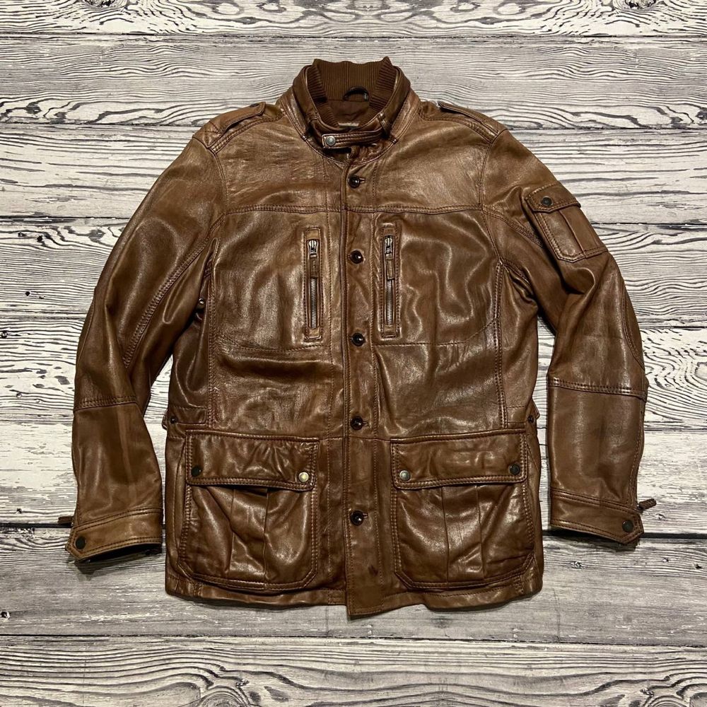 Кожаная куртка лайка Cortefiel Multipocket Brown Leather Jacket