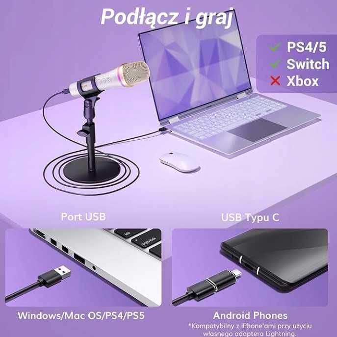 Mikrofon Dynamiczny USB Typ C RGB do Gier Podcas YouTube Karaoke Biały