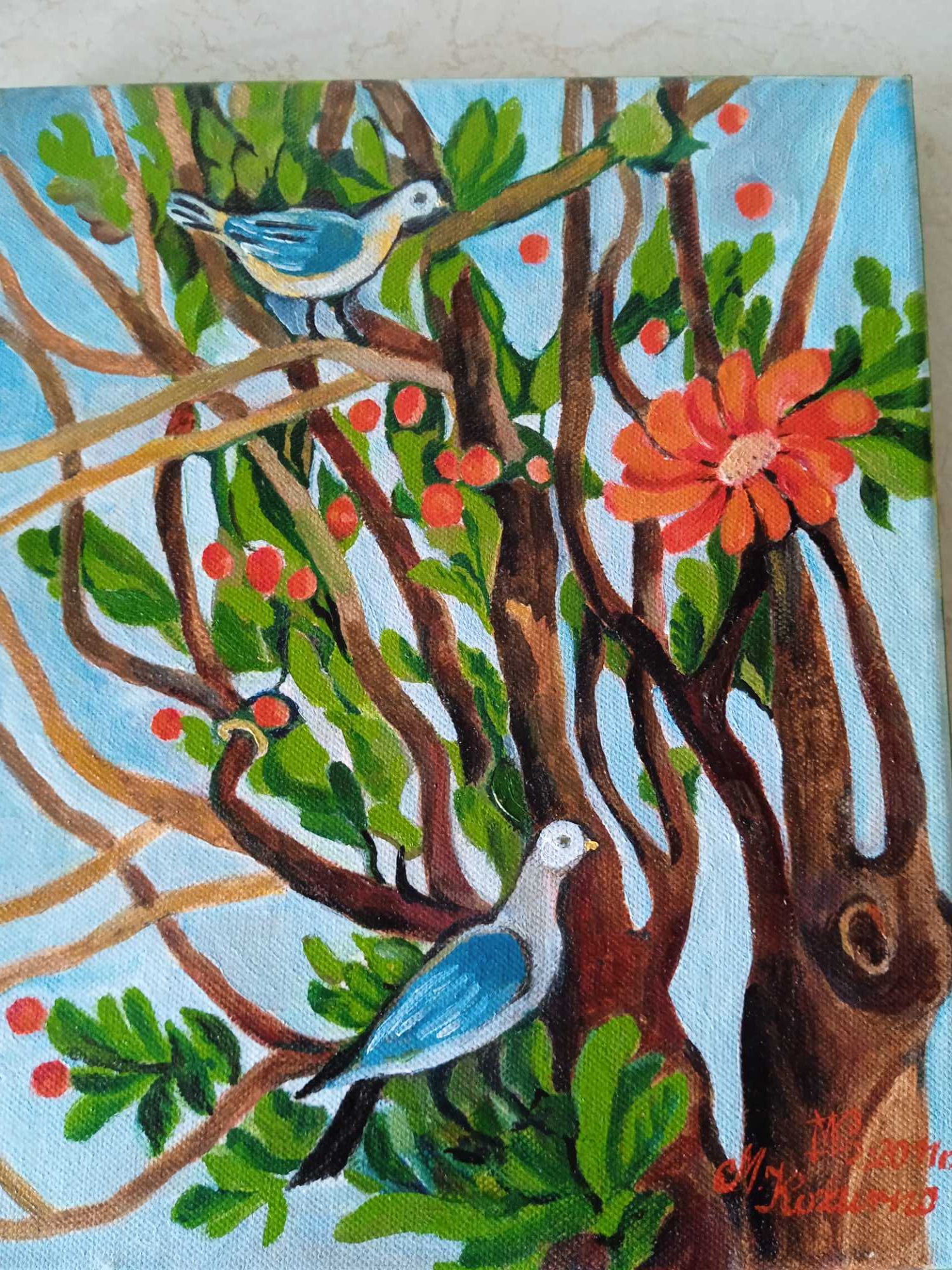 Ptaki i drzewa- obraz ręcznie malowany, unikatowy.