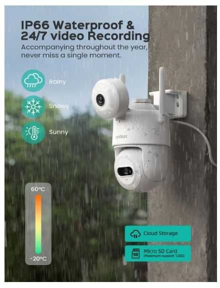 Podwójna kamera WiFi 360 stopni, śledzenie ruchu, 2x3MP, IP66