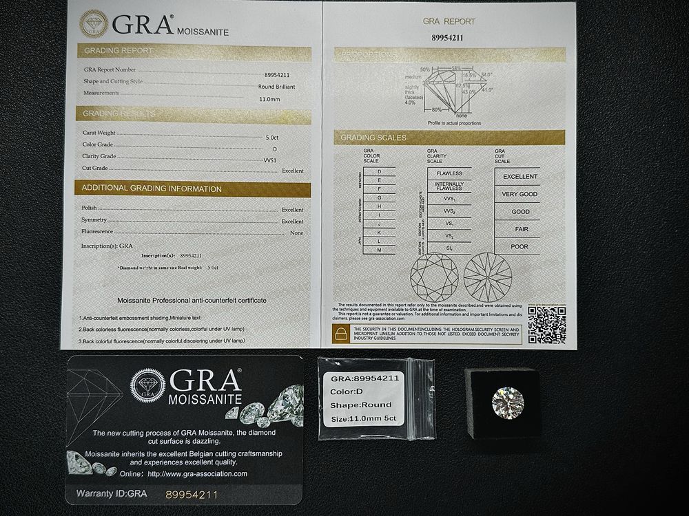 Moissanit 5.0ct D VVS1 11mm z Certyfikatem GRA