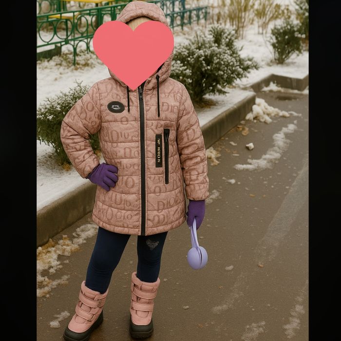 Куртка-пуховик для девочки, принт монограммы, капюшон
