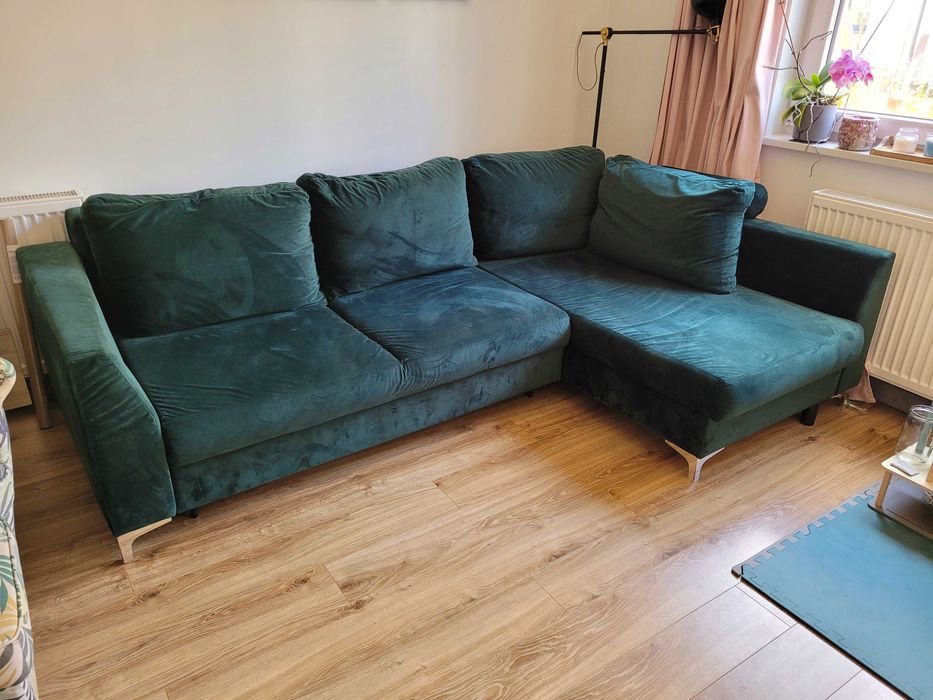 Narożnik kanapa sofa zielona butelkowa rozkładana z dwoma pojemnikami