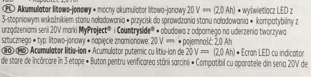Akumulator, bateria Li-jon 20V/2Ah+ ładowarka My Project ,dostępny 4Ah