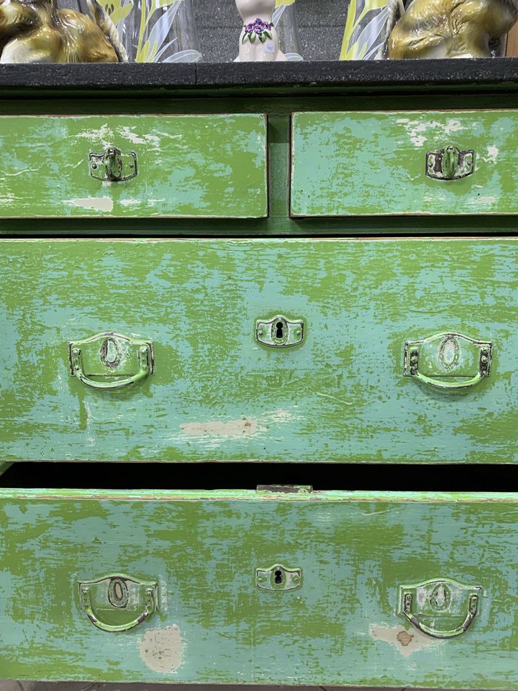 Komoda Drewniana Vintage Duże Szuflady Lustro Kamień Mosiądz Lata 40te
