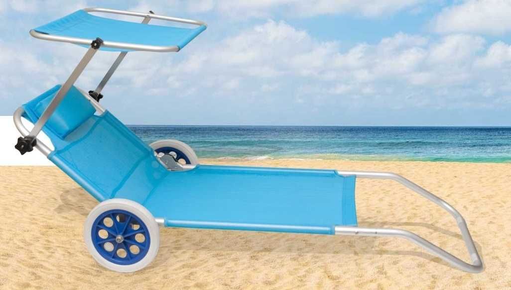 Nowy Leżak Plażowy Fotel Kółka Daszek Regulacja Oparcia Poduszka W-wa