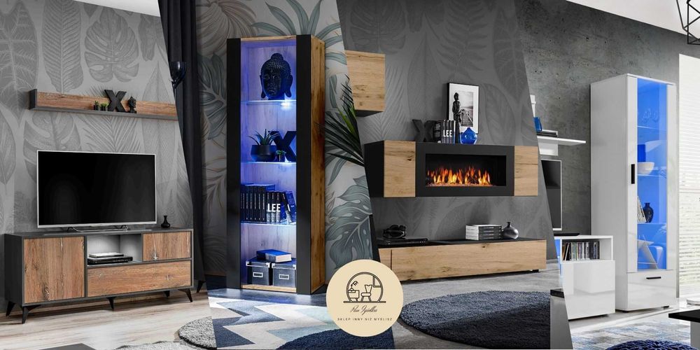 Pan Igiełka Szafka RTV LED Połysk Mat Czarny Biały Dąb Wotan Loft