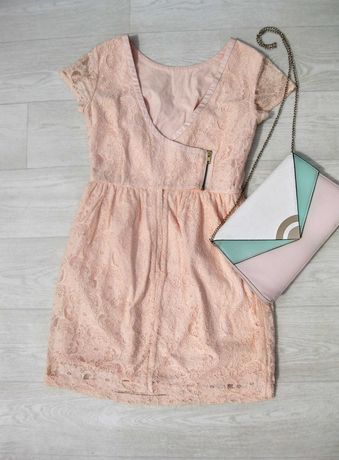 Персиковое розовое бежевое гипюровое платье с карманами H&amp;M М