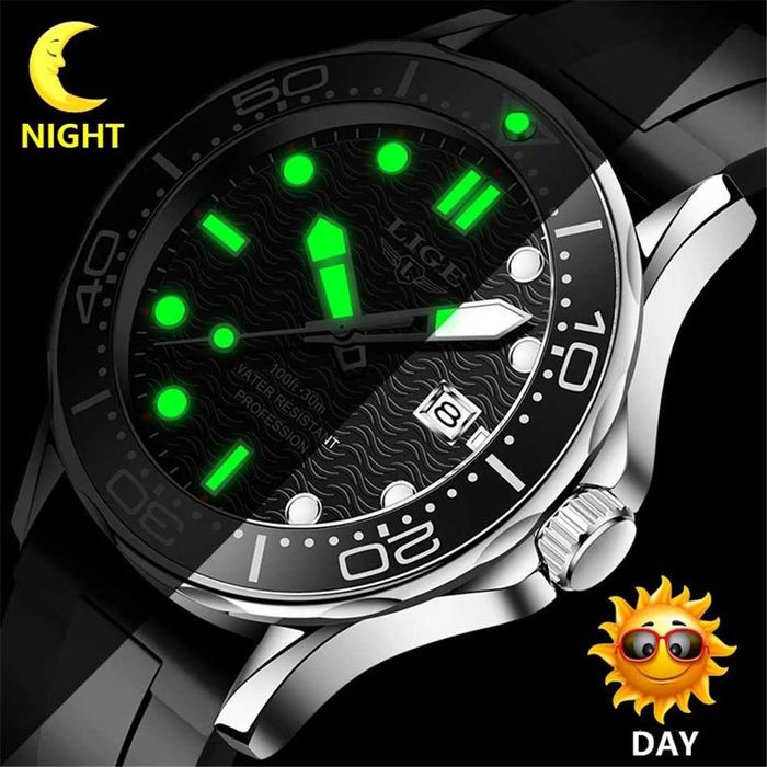 Zegarek męski Lige czarna tarcza wygląd nurka na pasku silikonowym BOX