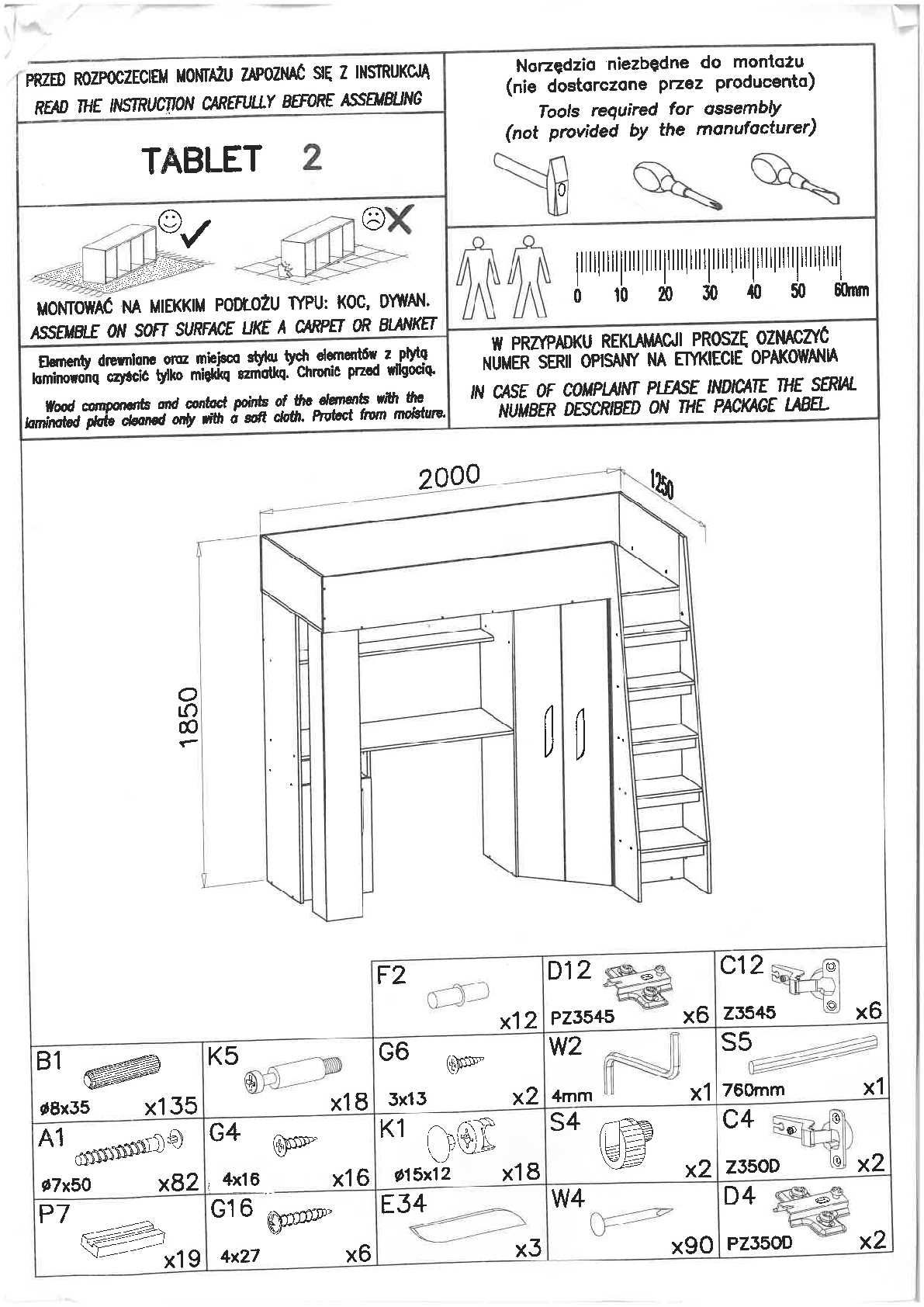 Zestaw 2 segmenty: łóżko na antresoli 90x200 biurko szafa + 2 komody