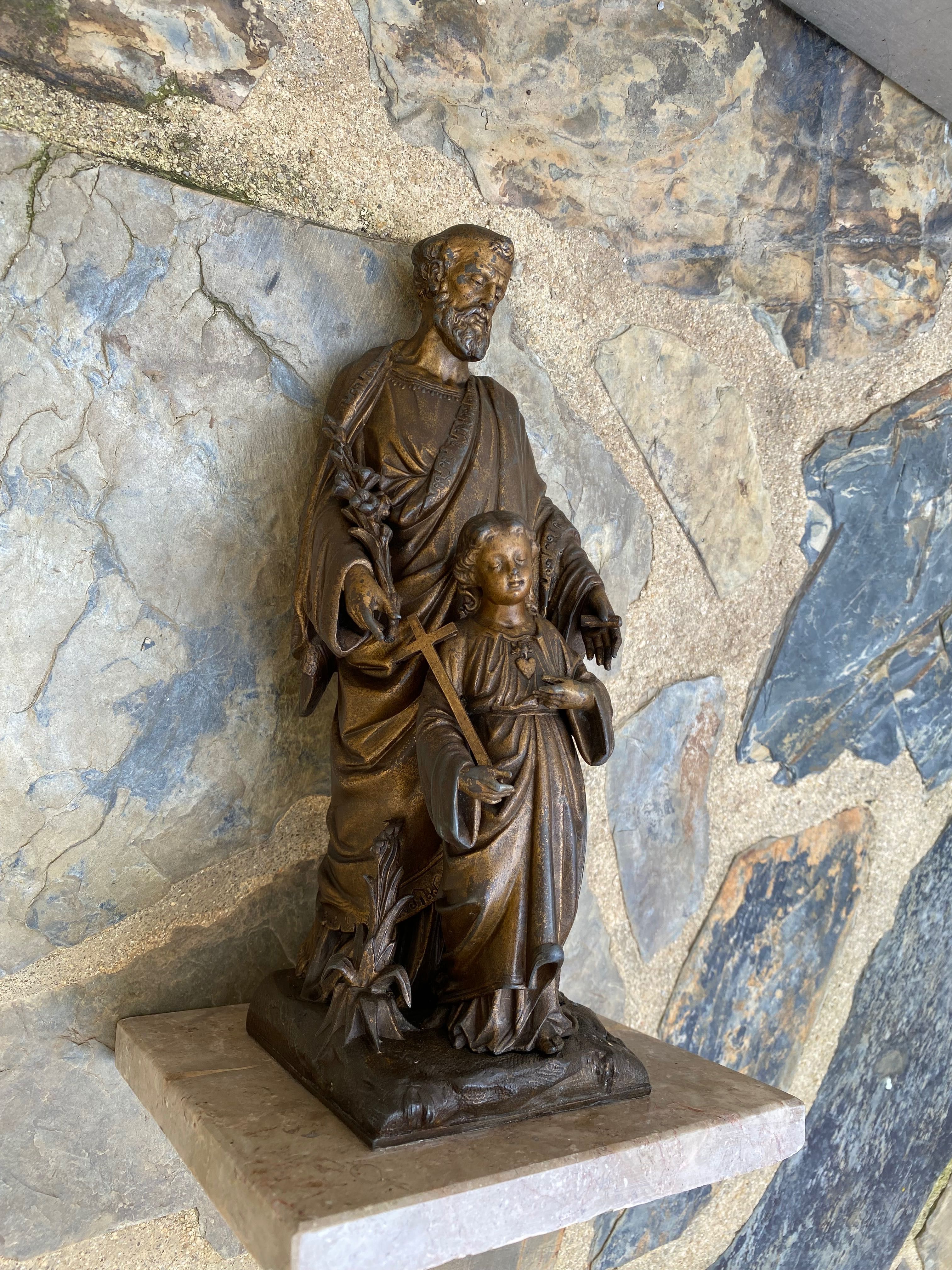 Escultura São José com Menino Jesus Bronze Séc XIX