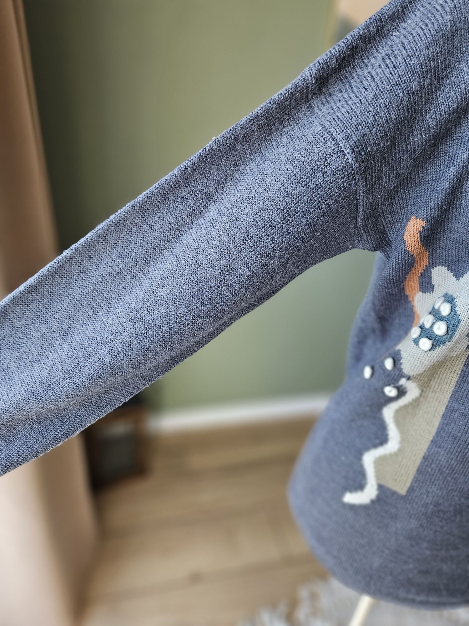 Jesienny welniany Damski niebiesko szary sweter Vintage z wełną i ango