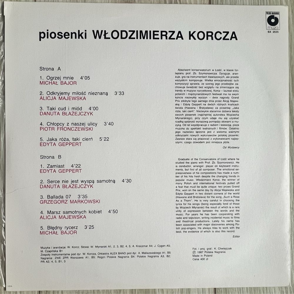 Włodzimierz Korcz- Moje piosenki LP SX2535 NOWA oryginał