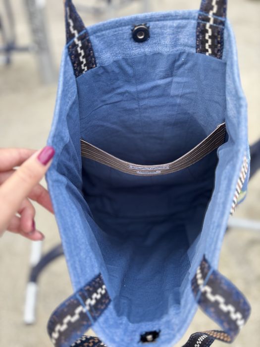 Torba handmade z dżinsu z motywem domków Unikalny shopper