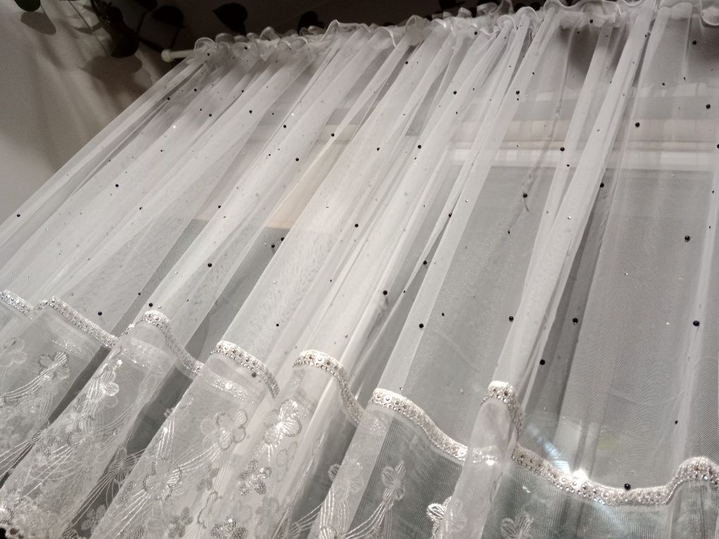 Firany nowe 400cm x 220 perełkami i srebrną gipiurą