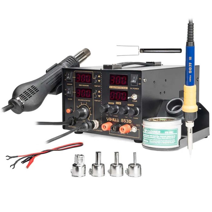 853D Stacja lutownicza HOTAIR 800W + kolba grotowa / Zasilacz 5A 0-30V