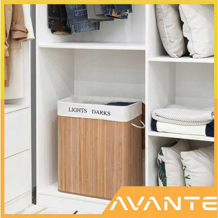 DUŻY KOSZ NA PRANIE BIELIZNE dwukomorowy bambusowy wolnostojący 105L