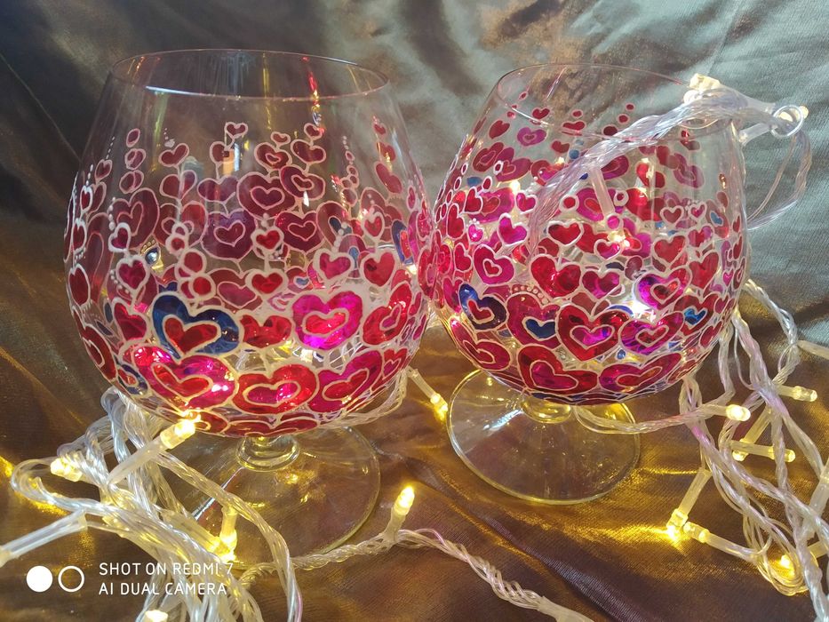 Фужери або бокали "сердечка". Авторський вітражний розпис. Handmade
