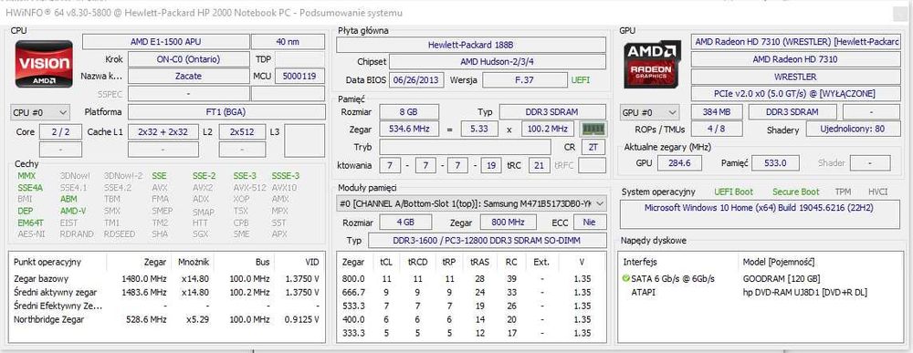 Laptop Notebook HP 2000 AMD E1-1500 APU 8GB RAM 120GB SSD Windows 10