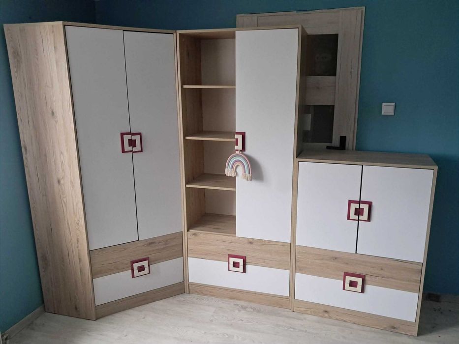 Meble młodzieżowe komplet białe dąb sonoma szafa, regał, komoda