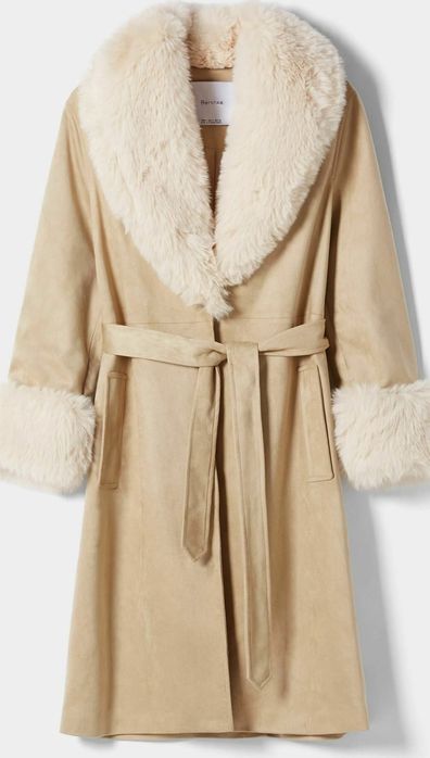Płaszcz beżowy ciepły futro