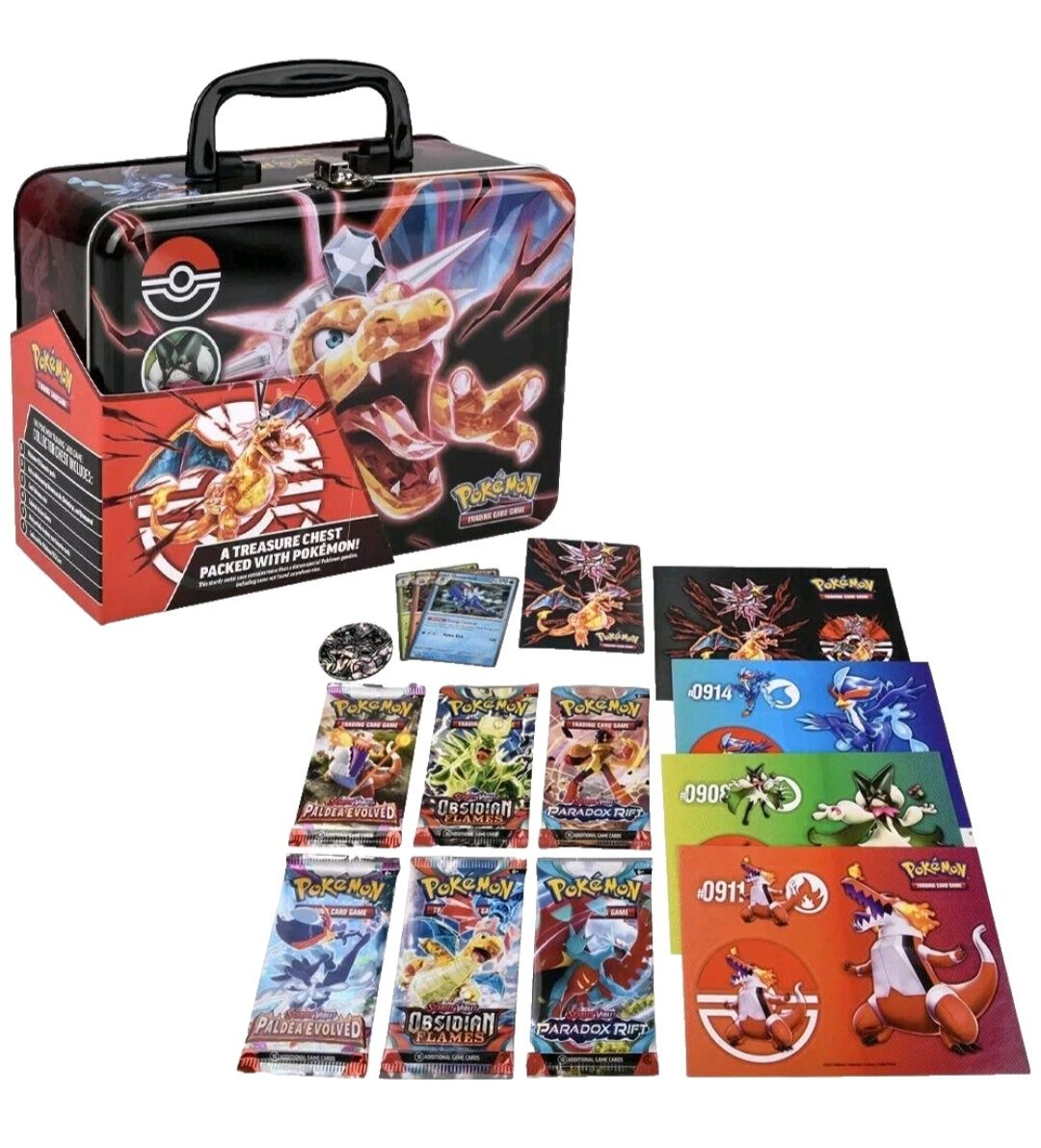 Caixa metalica + Cartas Pokémon TCG + Moeda (seladas)