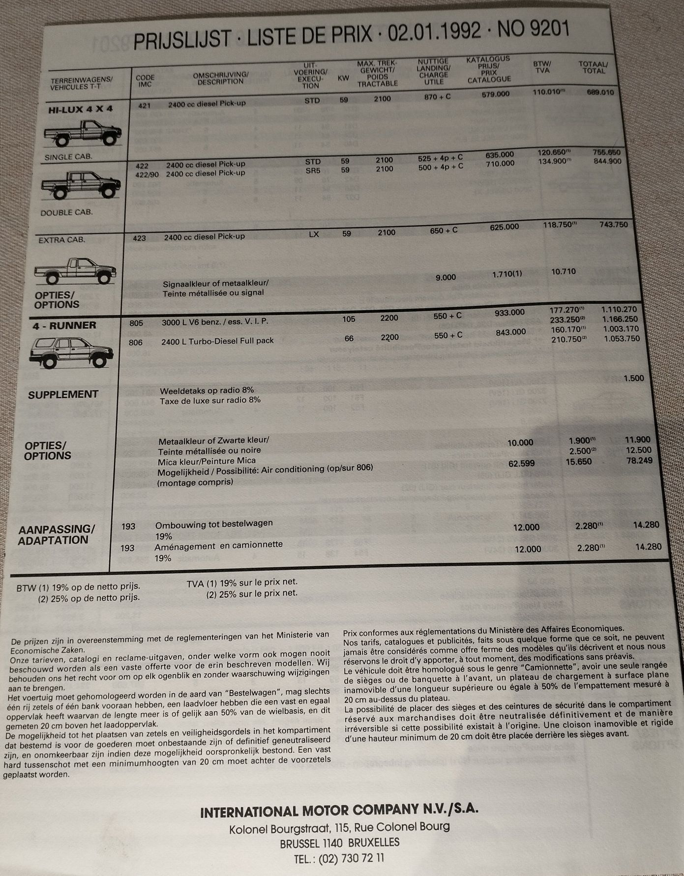 Lista de Preços Toyota 1992