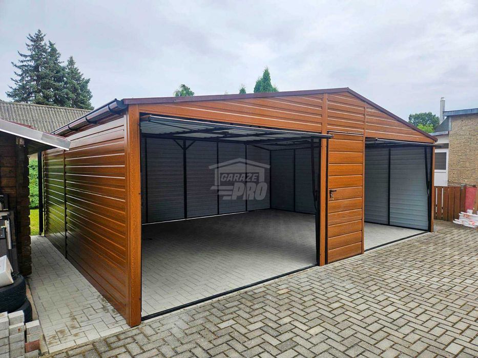 Garaż blaszany 7x6 Brama - drzwi złoty dąb  Dach rynny GP598