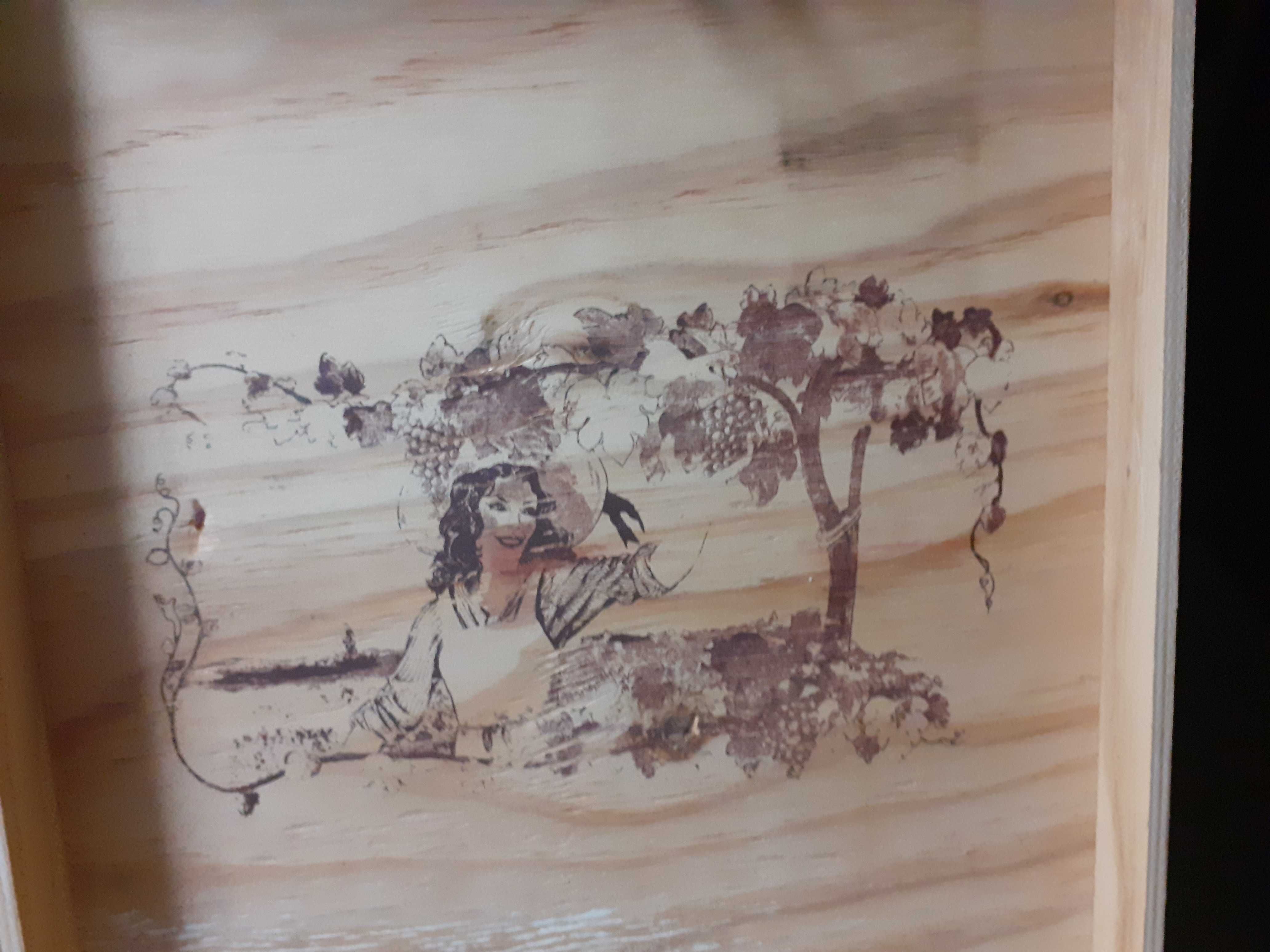 Caixa de madeira com ilustração,  para garrafas de vinho