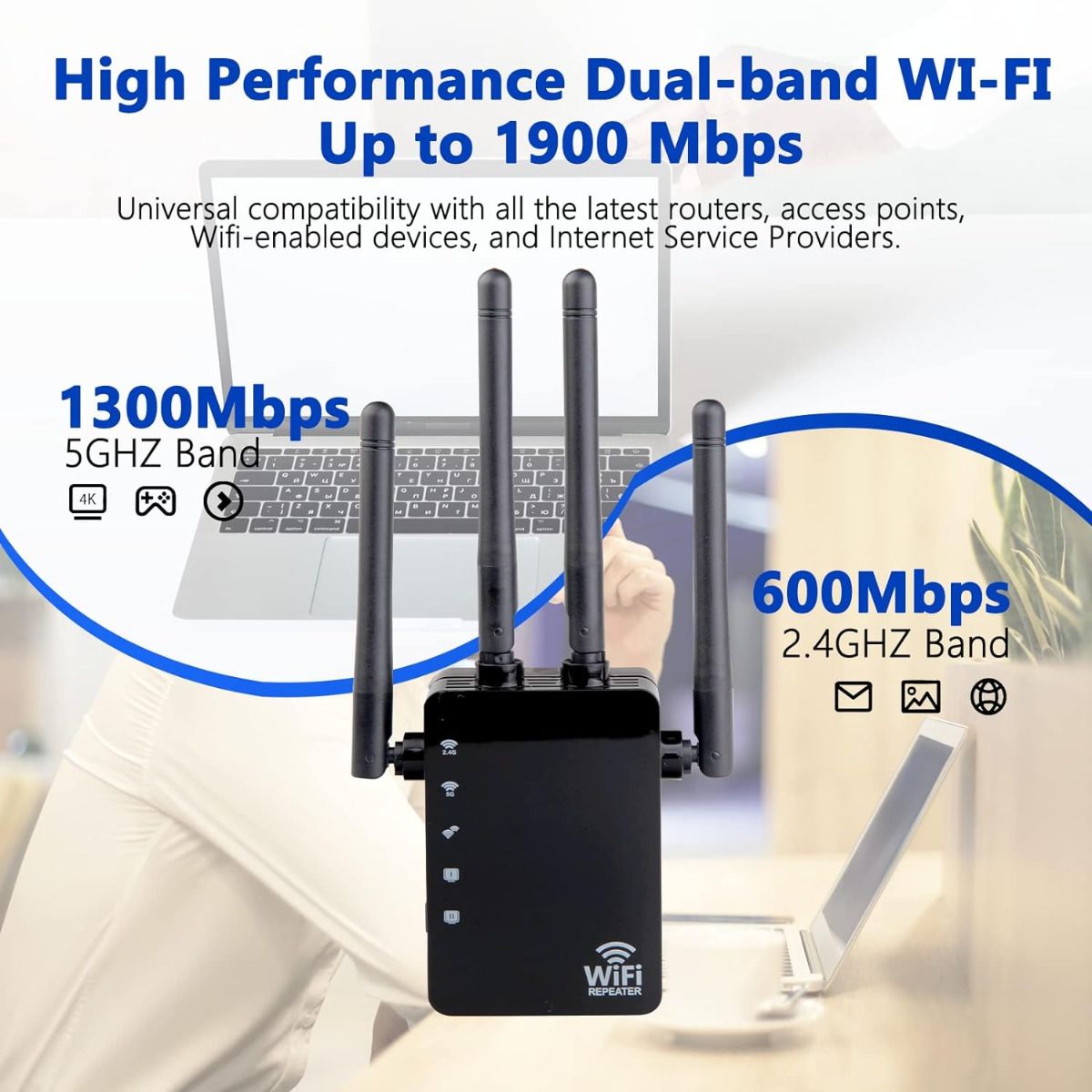 Wzmacniacz Sygnału Wifi Sieci 2,4 /  5Ghz Mocny 4 Anteny