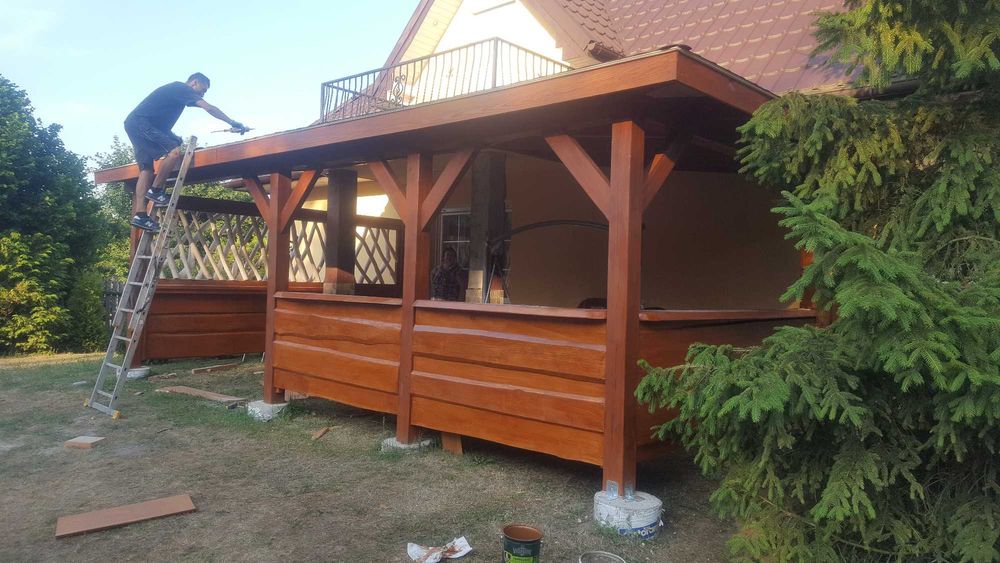 Zadaszenie tarasu wiata altana altanka meble ogrodowe z bali pergola