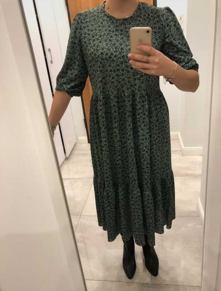 Zara zielona maxi oversize długa sukienka MIDI falbany 38