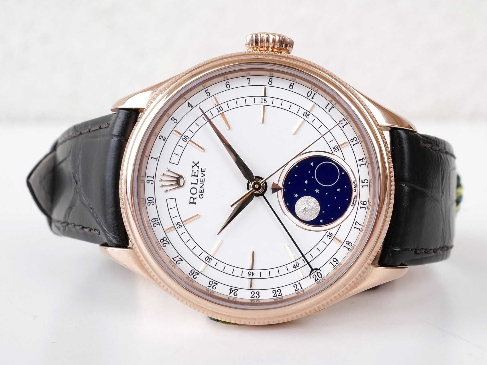 Rolex Cellini Moonphase 18K Rose Gold White Dial Black Strap