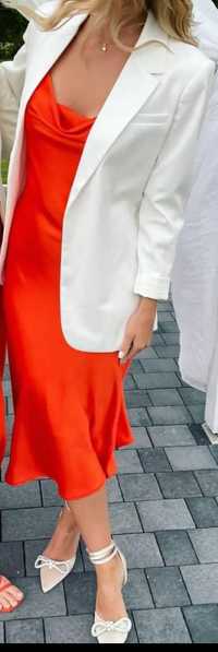 Sukienka satynowa studniówka bieliźniana koktajlowa wesele pomarańczow