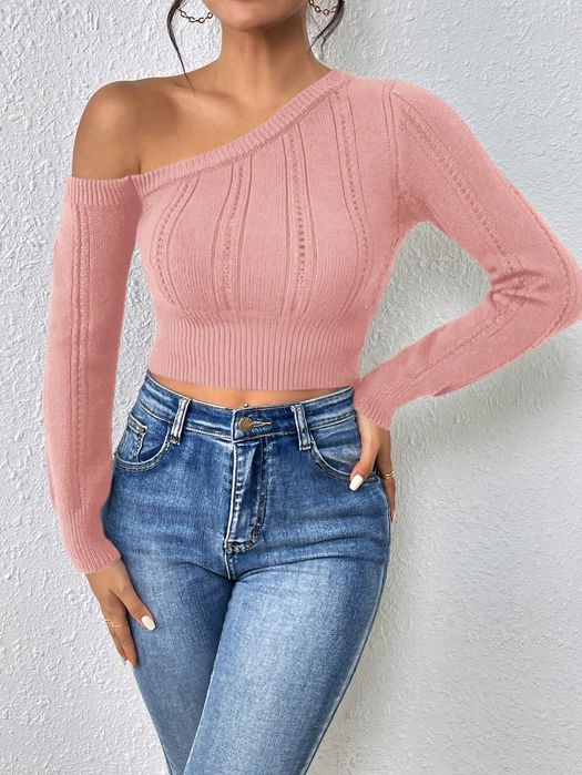 Sweterek Dzianinowy Cropped Na Jedno Ramię Różowy Casual Shein L 40