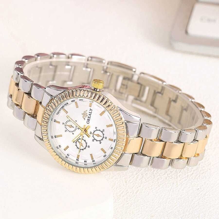 Zegarek damski śrebrno złoty biała tarcza bransoleta stalowa.