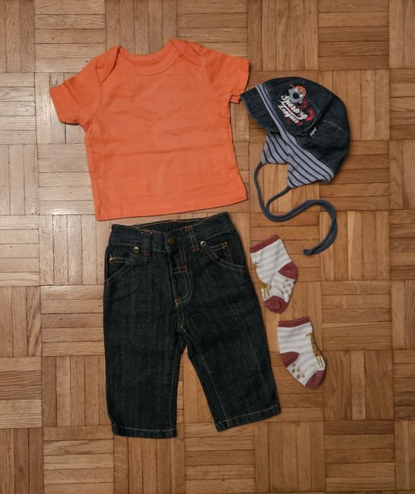 Zestaw 56 dla niemowlaka dżinsy M&Co koszulka f&f krotki rekaw skarpet