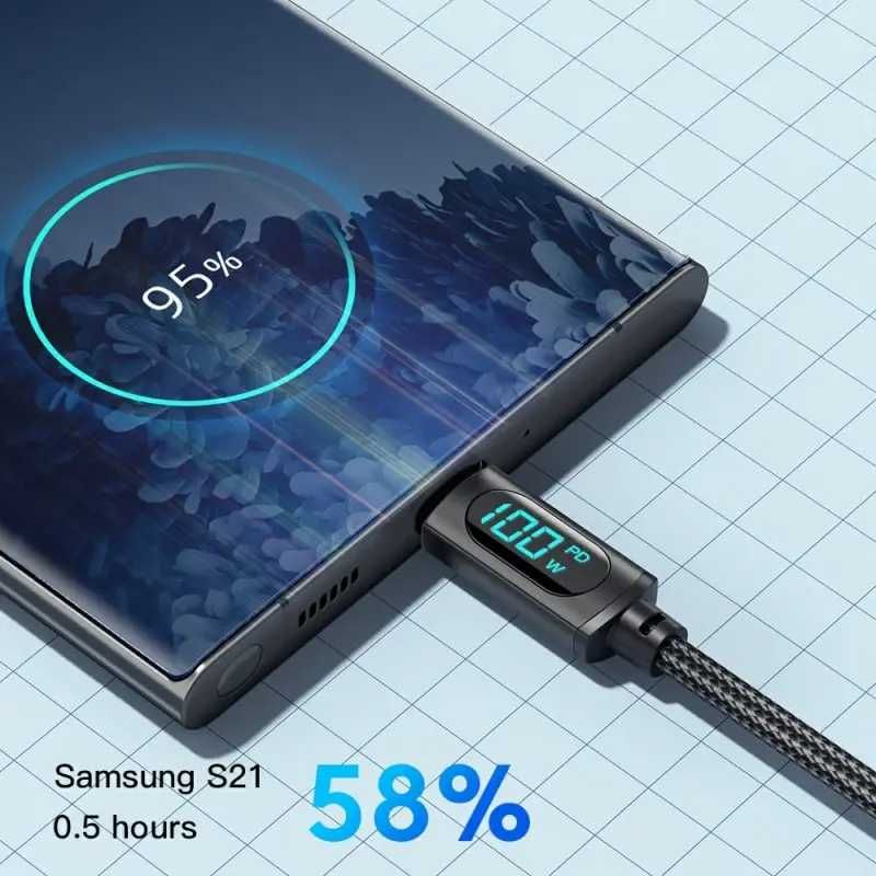 Kabel z Wyświetlaczem ESSAGER 1m USB-C - USB-C 100W QC Czarny Przewód