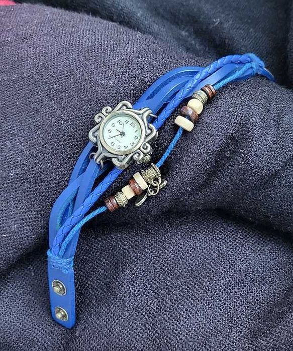 zegarek boho hippie chic niebieski chabrowy rzemyki bransoletka NOWY