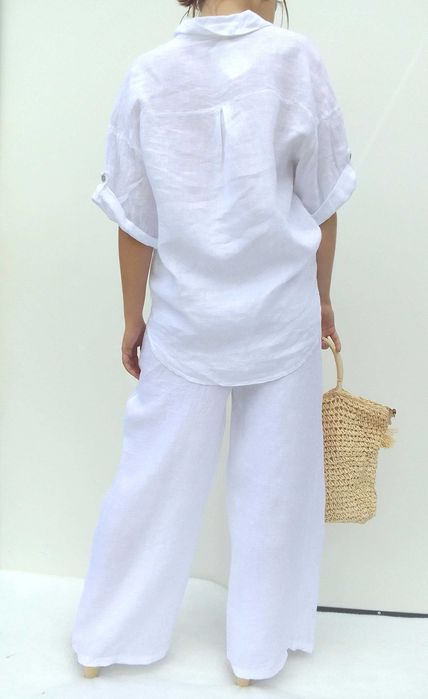 Nowa lniana biała koszula bluzka 100% len puro lino S M L uniwersalna