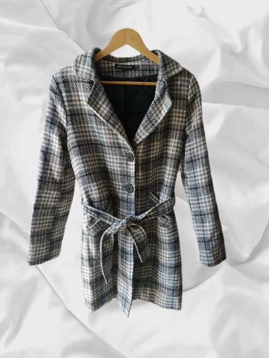 Wełniany płaszcz w kratę, pepitkę | rozmiar M Uplander