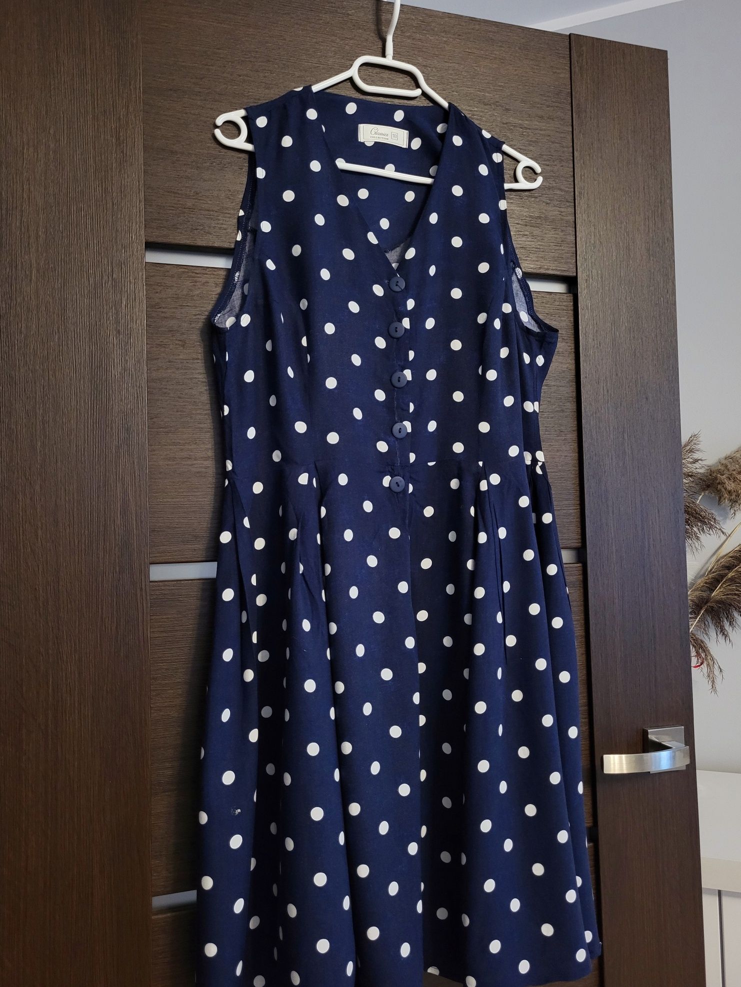 Granatowa sukienka w białe grochy retro vintage wiskoza rozmiar M