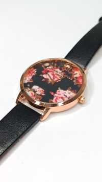 Zegarek damski kwiaty rose gold czarny